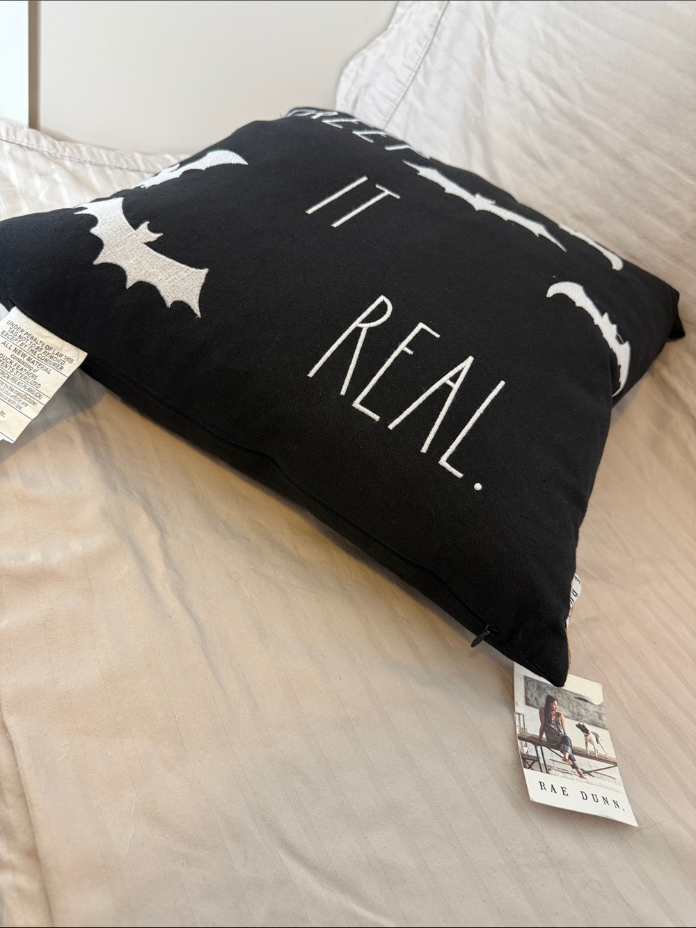 Rae Dunn Black Pillow with White Bat Design - "Creep It Real" - Picture 4 of 4
